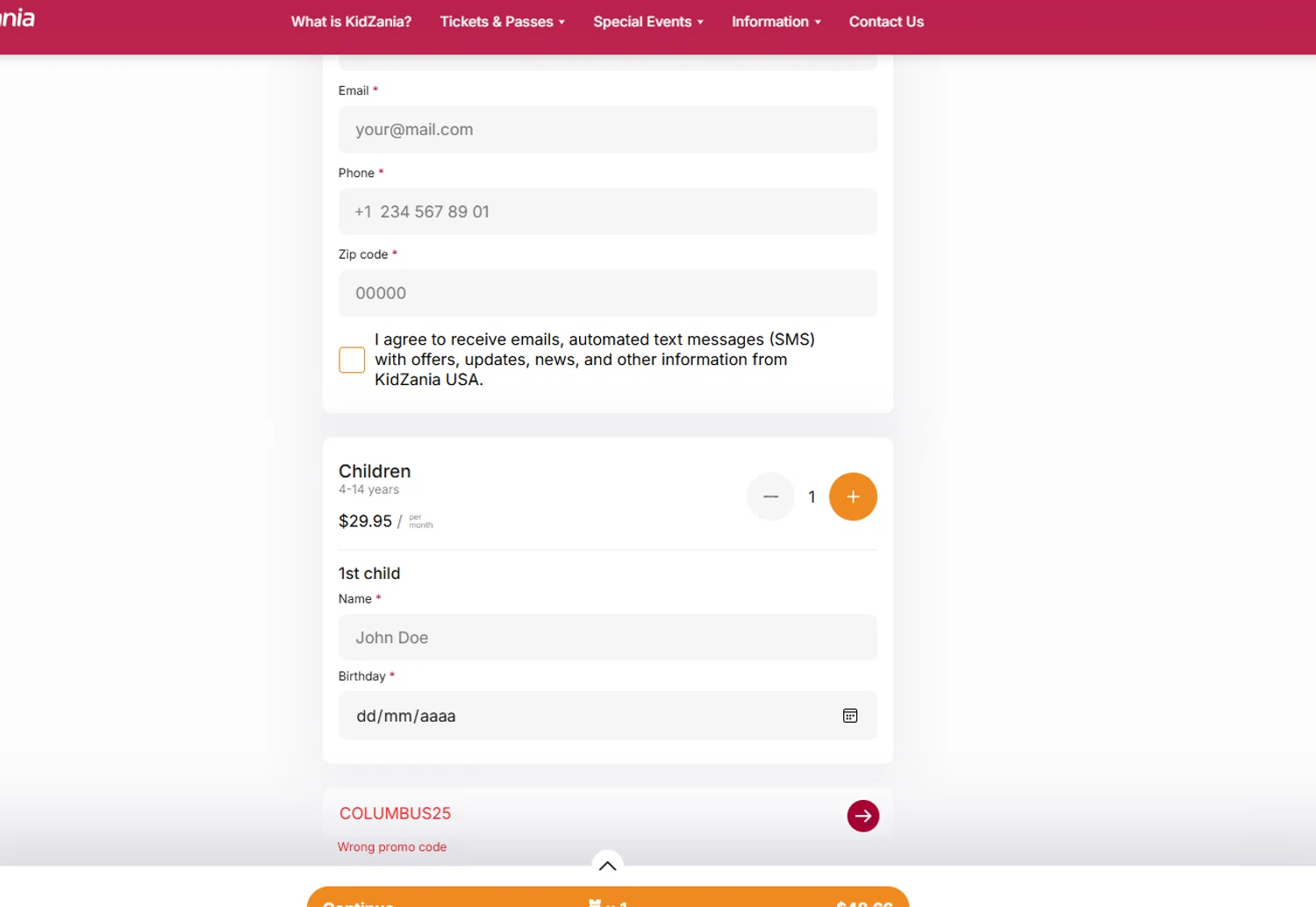KidZania promo code screenshot showing code COLUMBUS25 applied at KidZania checkout page. Uploaded by SimplyCodes community member usermariee on Oct 26, 2025