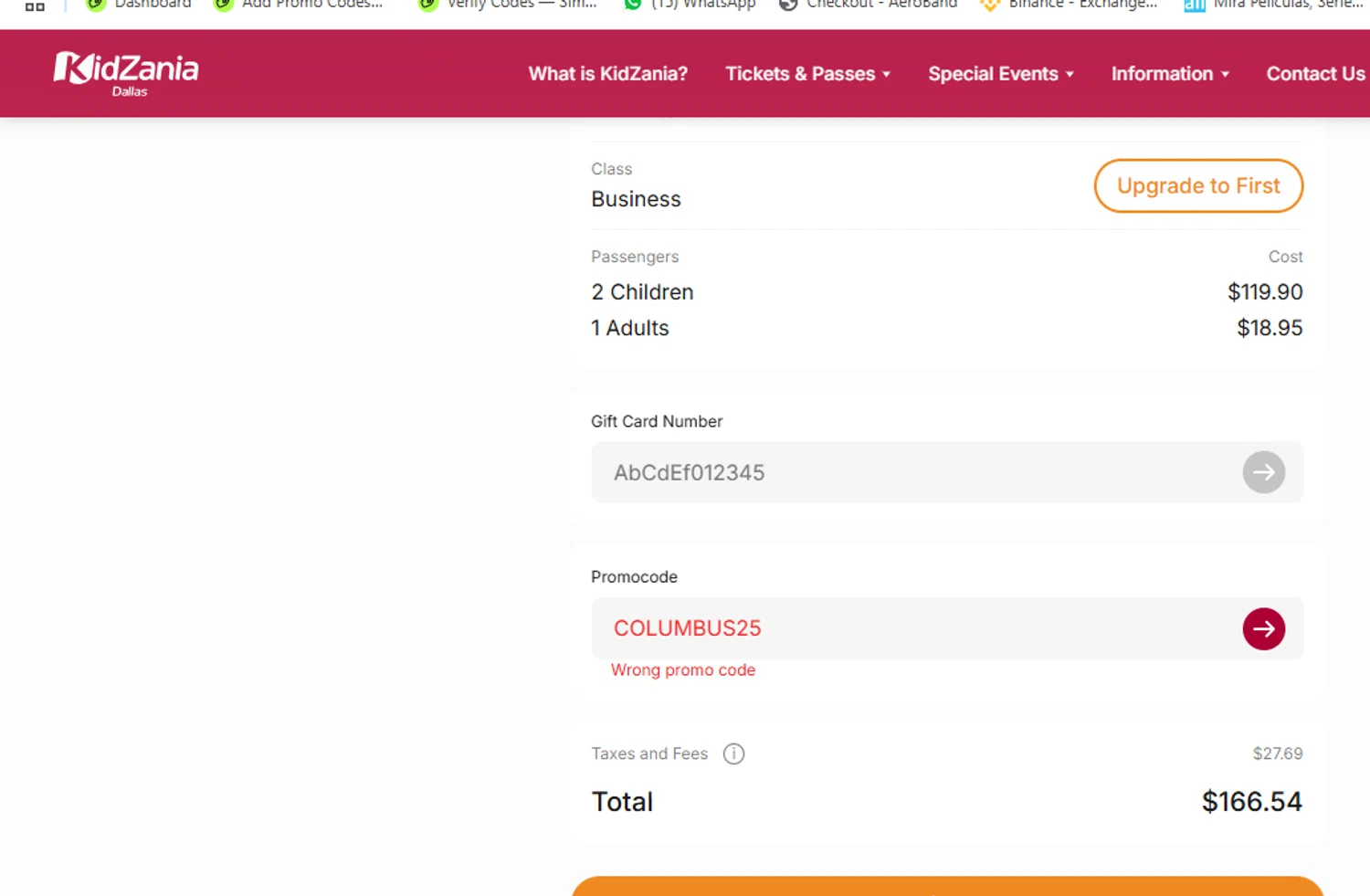 KidZania promo code screenshot showing code COLUMBUS25 applied at KidZania checkout page. Uploaded by SimplyCodes community member yeresojperez on Oct 26, 2025