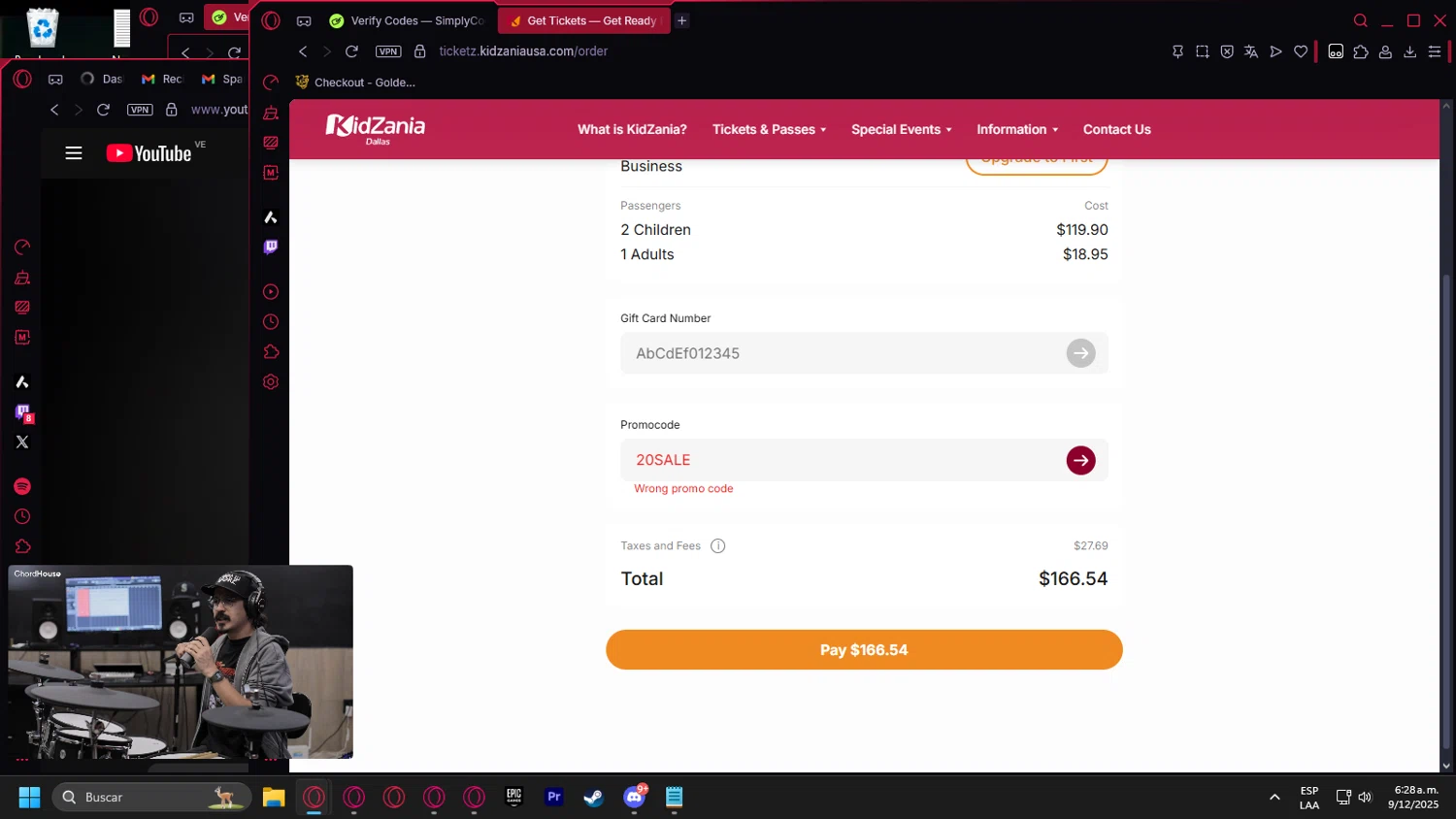 KidZania promo code screenshot showing code 20SALE applied at KidZania checkout page. Uploaded by SimplyCodes community member Billyyou on Dec 9, 2025