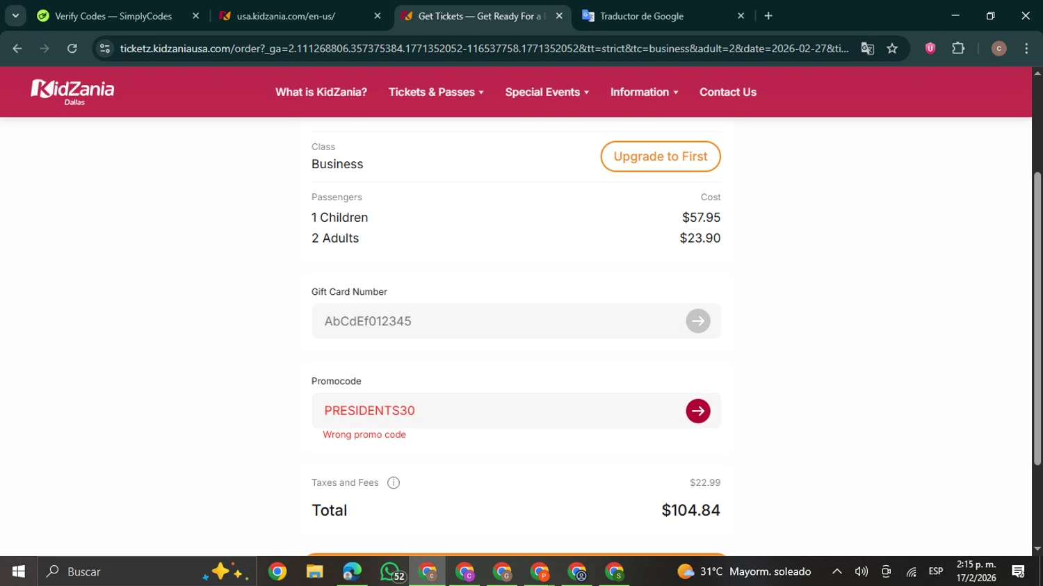 KidZania promo code screenshot showing code PRESIDENTS30 applied at KidZania checkout page. Uploaded by SimplyCodes community member NobleExpert6497 on Feb 17, 2026