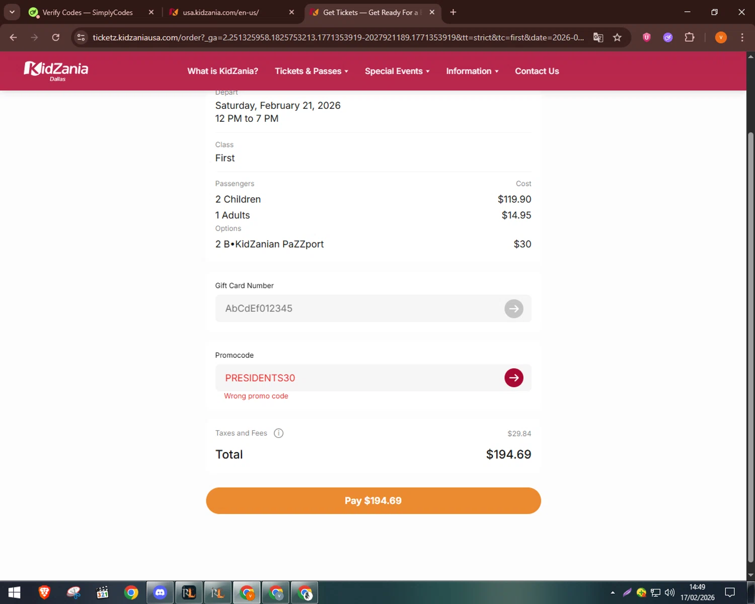 KidZania promo code screenshot showing code PRESIDENTS30 applied at KidZania checkout page. Uploaded by SimplyCodes community member bulbasaur69 on Feb 17, 2026
