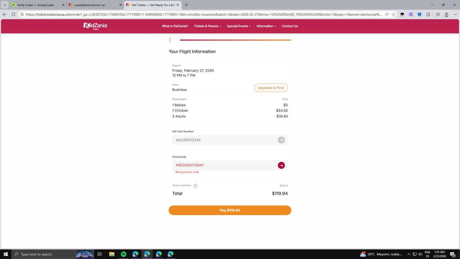 KidZania promo code screenshot showing code PRESIDENTSDAY applied at KidZania checkout page. Uploaded by SimplyCodes community member KENDORE2 on Feb 25, 2026