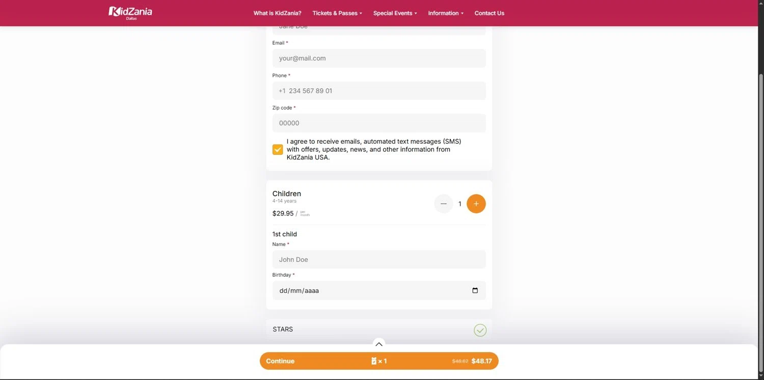 KidZania promo code screenshot showing code STARS applied at KidZania checkout page. Uploaded by SimplyCodes community member Depressive on Oct 27, 2025