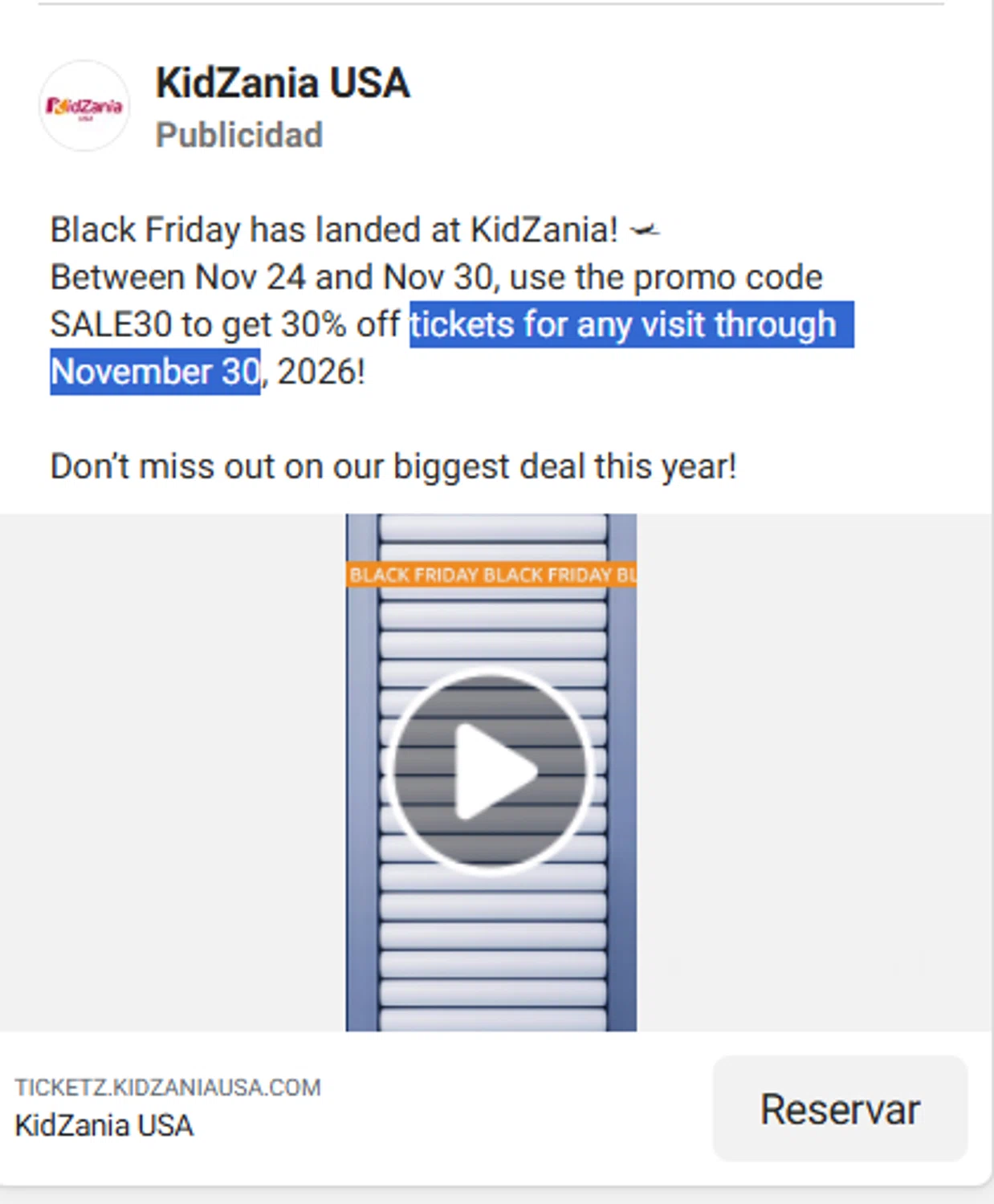 KidZania promo code screenshot showing code SALE30 applied at KidZania checkout page. Uploaded by SimplyCodes community member antonietarodriguez96 on Nov 26, 2025