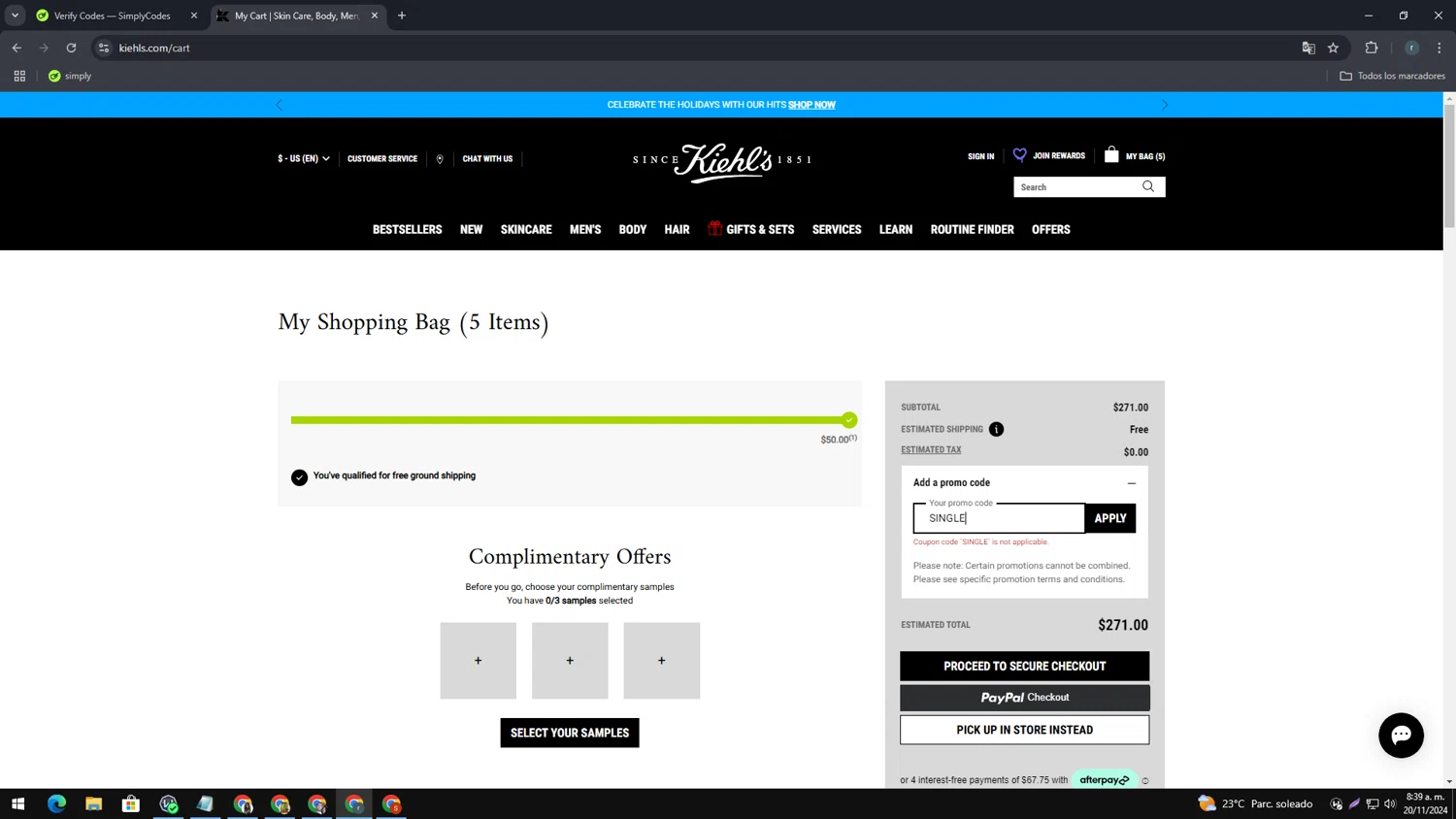 where to use Kiehls promo code box
