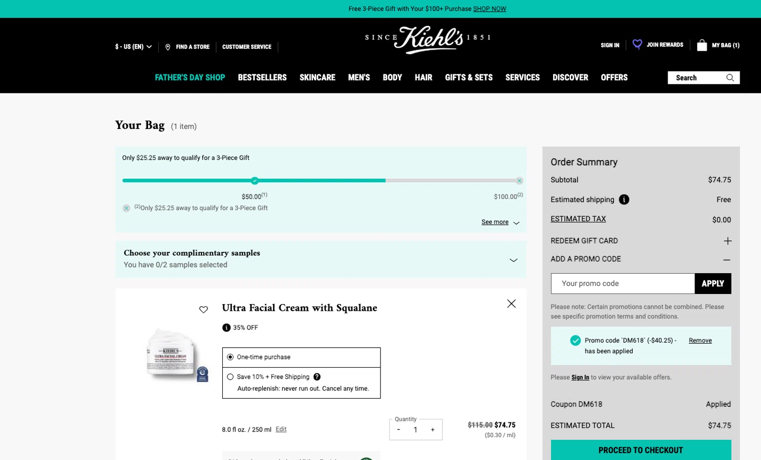 Kiehl's promo code screenshot showing code DM618 applied at Kiehl's checkout page. Uploaded by SimplyCodes community member ELOIN777 on Jun 20, 2026