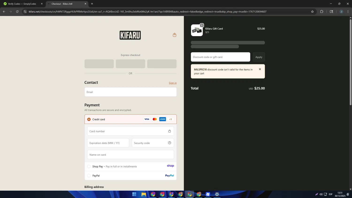 Kifaru promo code screenshot showing code MILSPEC10 applied at Kifaru checkout page. Uploaded by SimplyCodes community member AVATIGRITO on Dec 30, 2025