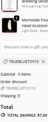 TRUEBLUETOY10 coupon verification screenshot