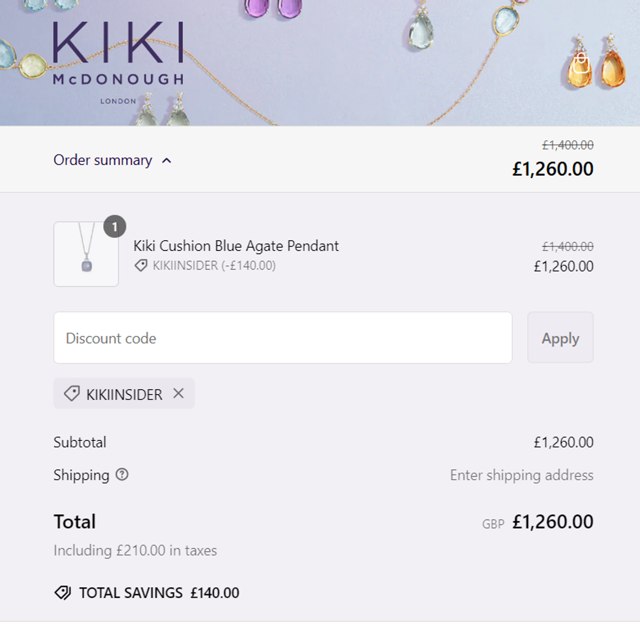 Kiki McDonough checkout page showing Kiki McDonough promo code box | Screenshot taken by SimplyCodes community member on Feb 12, 2025