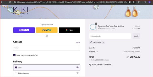Kiki McDonough checkout page showing Kiki McDonough promo code box | Screenshot taken by SimplyCodes community member on Dec 18, 2024