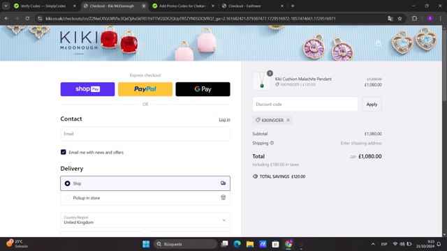 Kiki McDonough checkout page showing Kiki McDonough promo code box | Screenshot taken by SimplyCodes community member on Oct 21, 2024