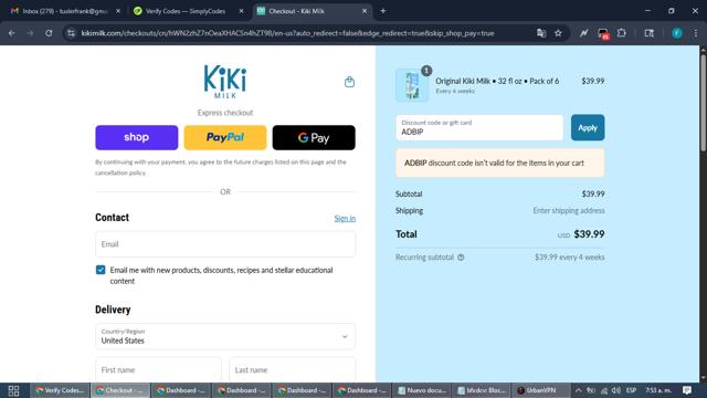 Kiki Milk checkout page showing Kiki Milk discount code box | Screenshot taken by SimplyCodes community member on Sep 15, 2025