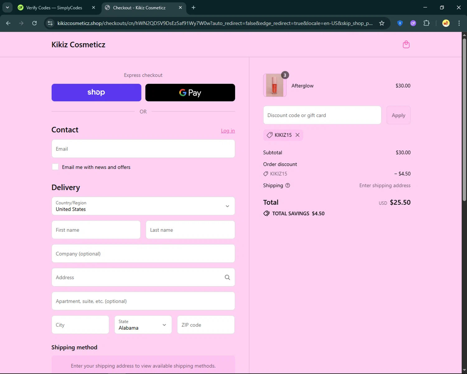 Kikiz Cosmeticz promo code screenshot showing code KIKIZ15 applied at Kikiz Cosmeticz checkout page. Uploaded by SimplyCodes community member SmartFinder4193 on Aug 31, 2025