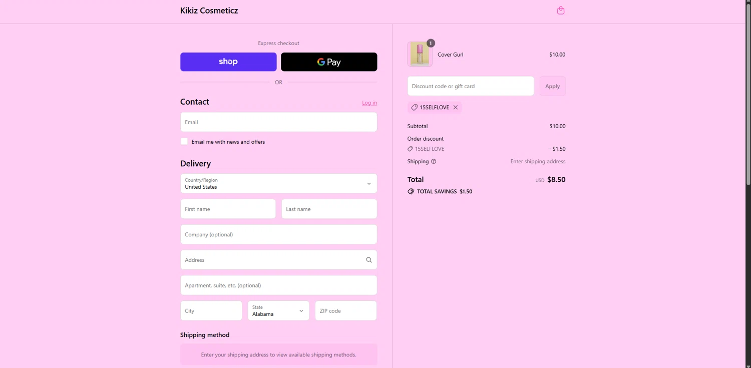 Kikiz Cosmeticz promo code screenshot showing code 15SELFLOVE applied at Kikiz Cosmeticz checkout page. Uploaded by SimplyCodes community member SwiftPhoenix267 on Sep 8, 2025