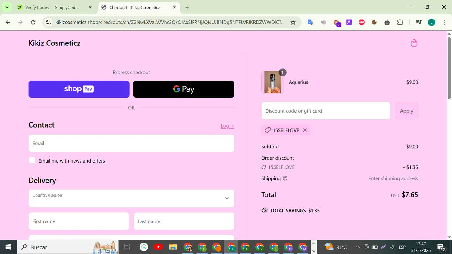 Kikiz Cosmeticz promo code screenshot showing code 15SELFLOVE applied at Kikiz Cosmeticz checkout page. Uploaded by SimplyCodes community member VictoriousTiger2507 on Mar 31, 2025