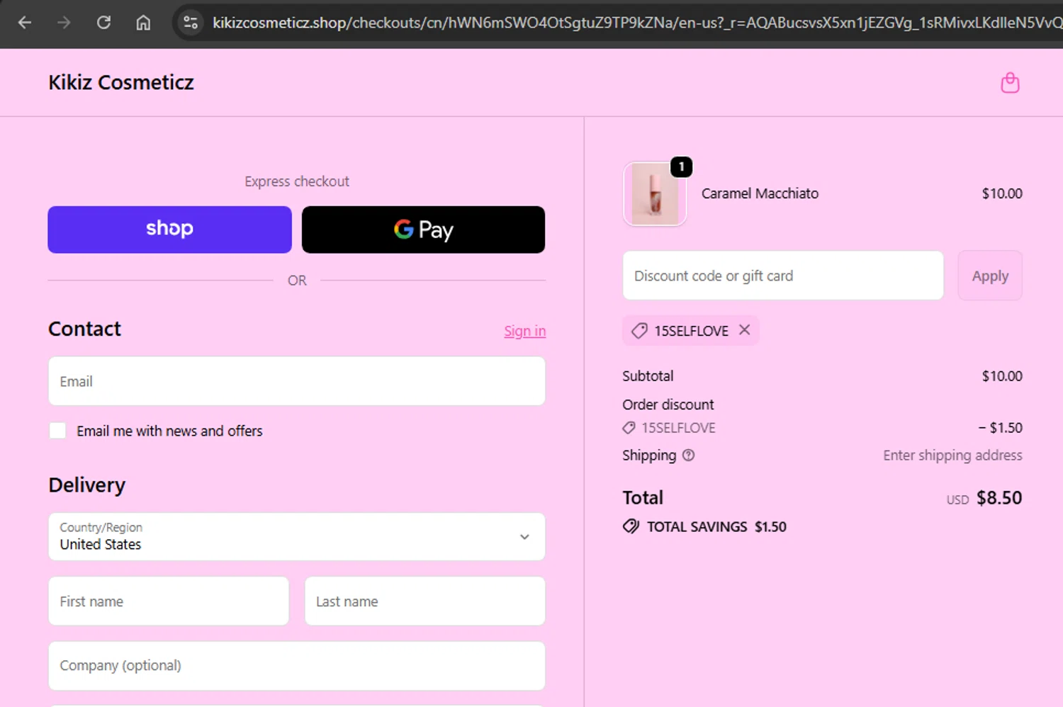 Kikiz Cosmeticz promo code screenshot showing code 15SELFLOVE applied at Kikiz Cosmeticz checkout page. Uploaded by SimplyCodes community member xAngel on Dec 23, 2025