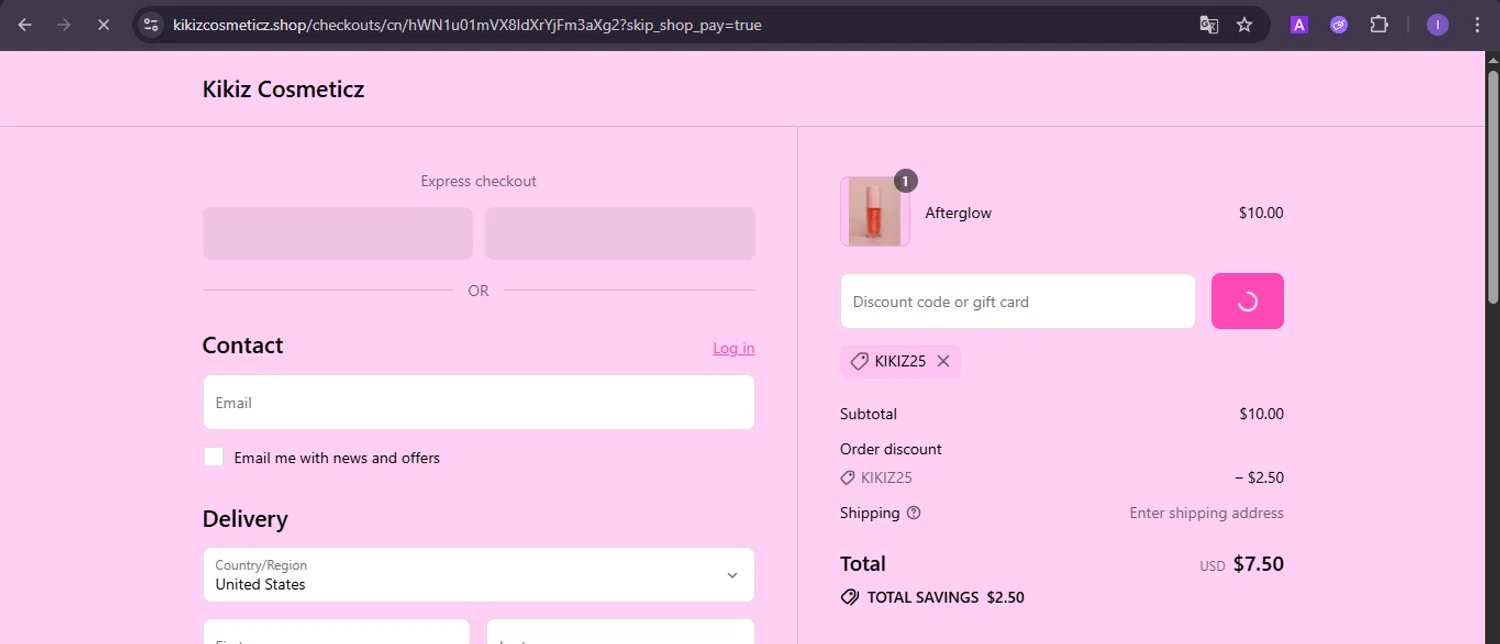 Kikiz Cosmeticz promo code screenshot showing code KIKIZ25 applied at Kikiz Cosmeticz checkout page. Uploaded by SimplyCodes community member joineds on Aug 17, 2025