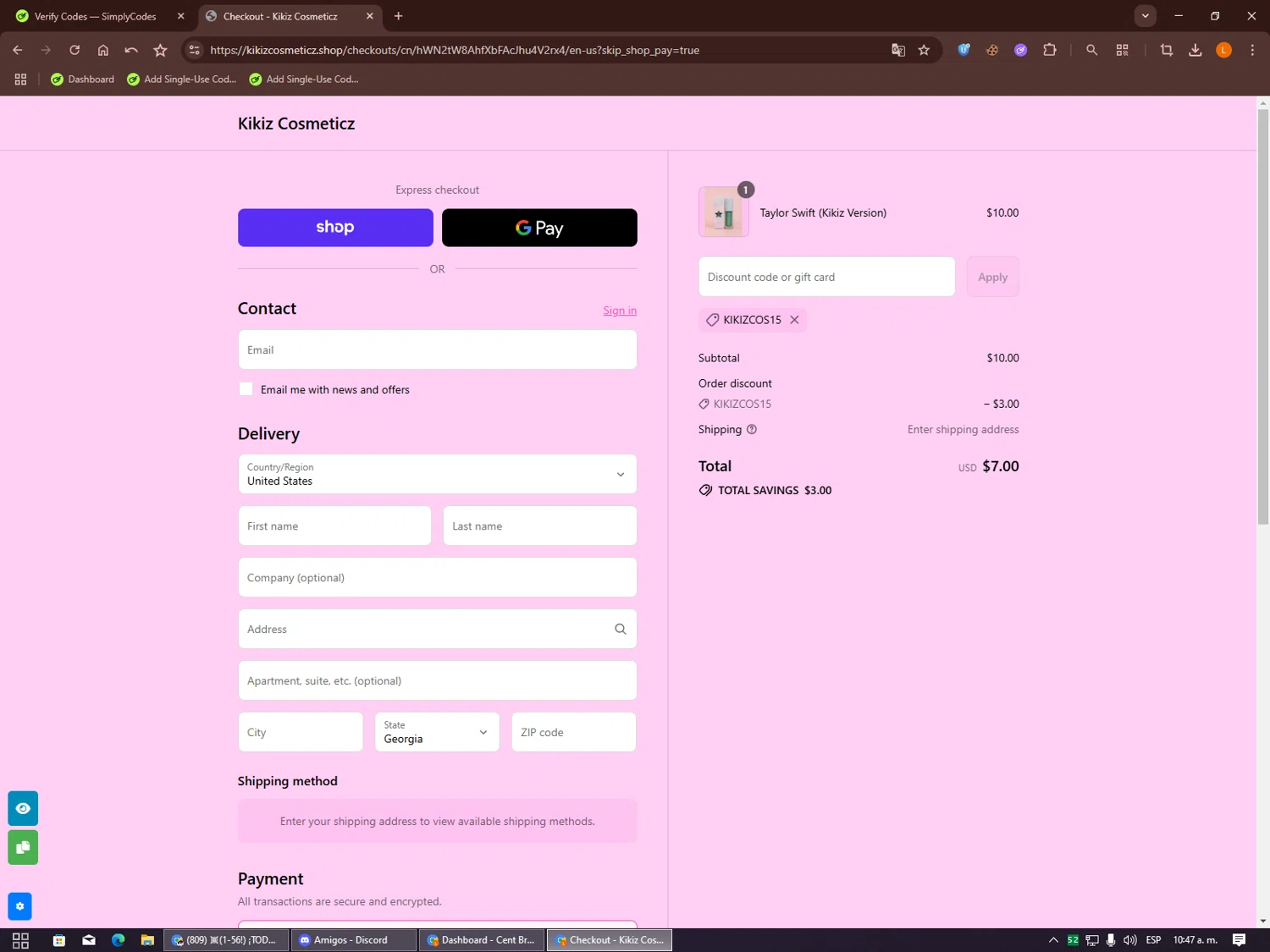 Kikiz Cosmeticz promo code screenshot showing code KIKIZCOS15 applied at Kikiz Cosmeticz checkout page. Uploaded by SimplyCodes community member Alalee on Sep 12, 2025