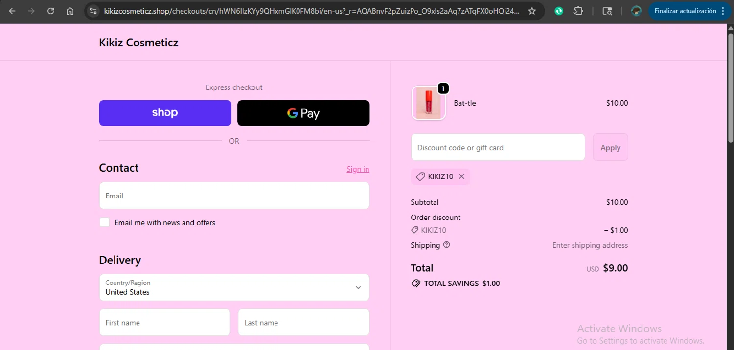 Kikiz Cosmeticz promo code screenshot showing code KIKIZ10 applied at Kikiz Cosmeticz checkout page. Uploaded by SimplyCodes community member MariaCorinaMachado on Dec 11, 2025