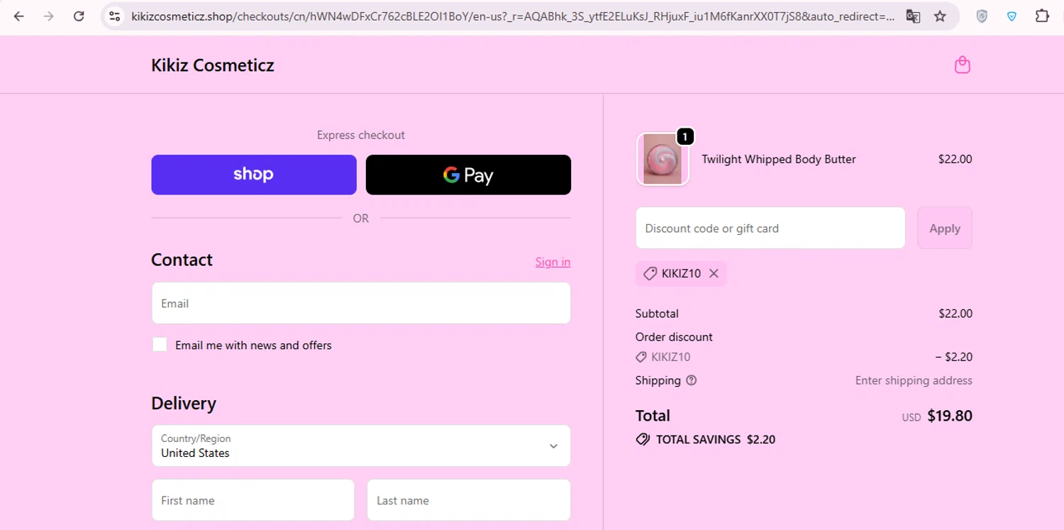 Kikiz Cosmeticz promo code screenshot showing code KIKIZ10 applied at Kikiz Cosmeticz checkout page. Uploaded by SimplyCodes community member carol_lameda on Nov 5, 2025