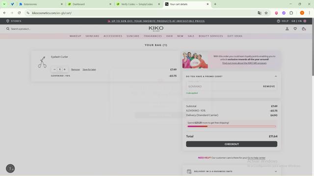 KIKO Milano checkout page showing KIKO Milano promo code box | Screenshot taken by SimplyCodes community member on Aug 27, 2025