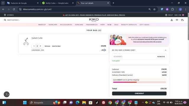 KIKO Milano checkout page showing KIKO Milano promo code box | Screenshot taken by SimplyCodes community member on Aug 18, 2025