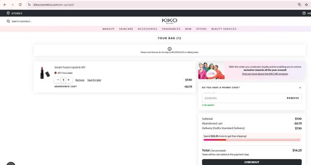 KIKO Milano checkout page showing KIKO Milano promo code box | Screenshot taken by SimplyCodes community member on Sep 3, 2025