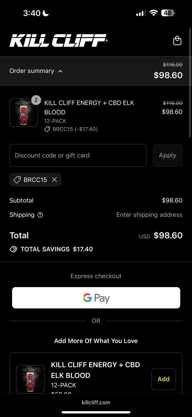 Kill Cliff checkout page showing Kill Cliff discount code box | Screenshot taken by SimplyCodes community member on Sep 13, 2025