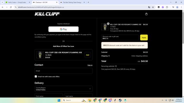 Kill Cliff checkout page showing Kill Cliff discount code box | Screenshot taken by SimplyCodes community member on Sep 13, 2025