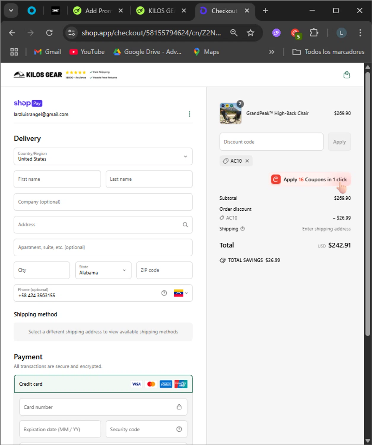 KILOS GEAR discount code screenshot showing code AC10 applied at KILOS GEAR checkout page. Uploaded by SimplyCodes community member SoyLuis on May 25, 2025