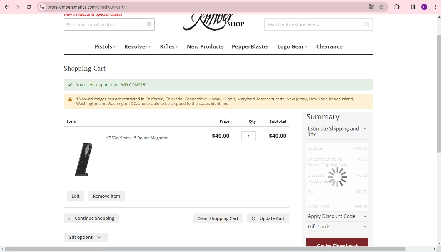 Kimber America checkout page showing Kimber America discount code box | Screenshot taken by SimplyCodes community member on Feb 19, 2024