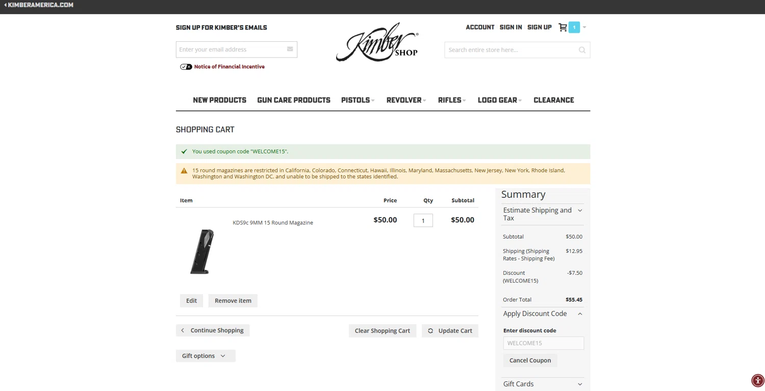 Kimber America discount code screenshot showing code WELCOME15 applied at Kimber America checkout page. Uploaded by SimplyCodes community member VoucherLynx1047 on Apr 26, 2025