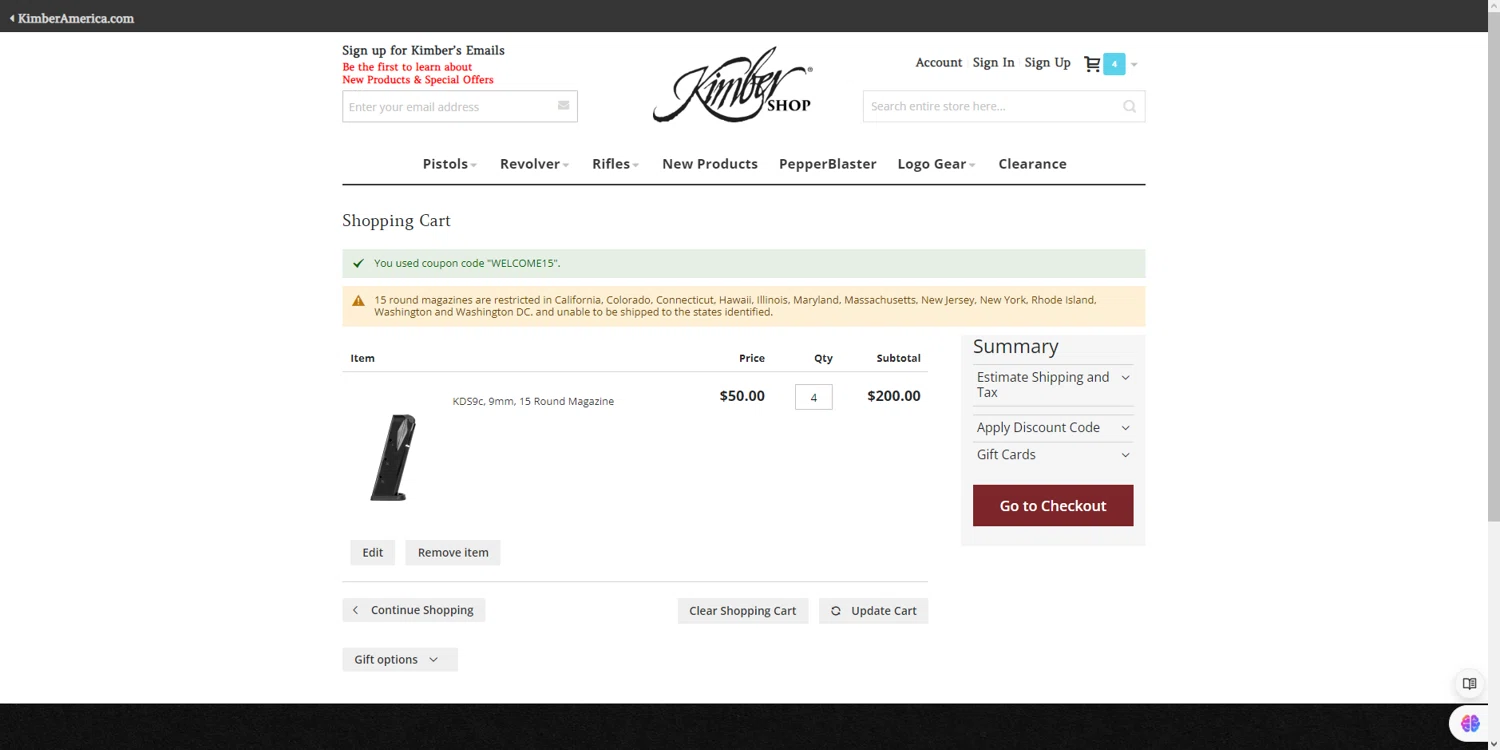 Kimber America checkout page showing Kimber America discount code box | Screenshot taken by SimplyCodes community member on Mar 19, 2024