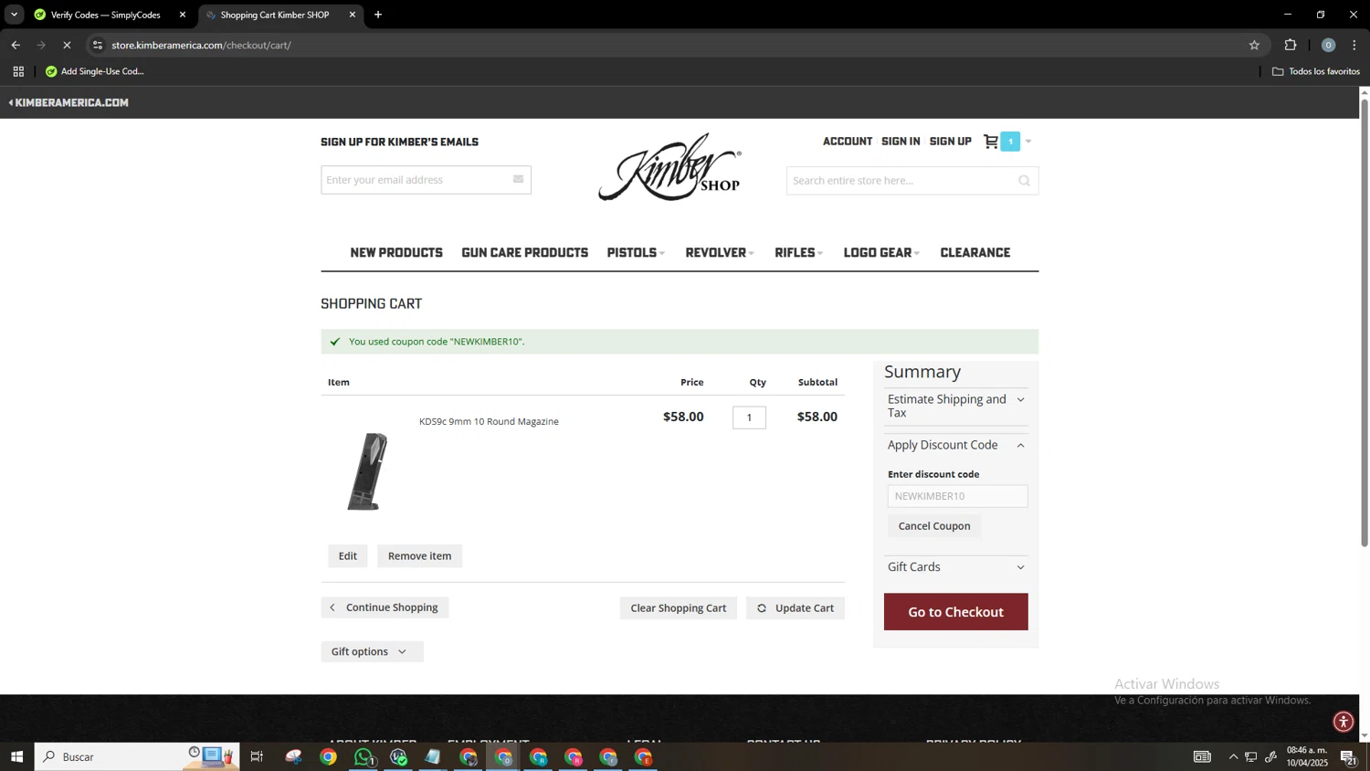 Kimber America discount code screenshot showing code NEWKIMBER10 applied at Kimber America checkout page. Uploaded by SimplyCodes community member Neonvalo on Apr 10, 2025