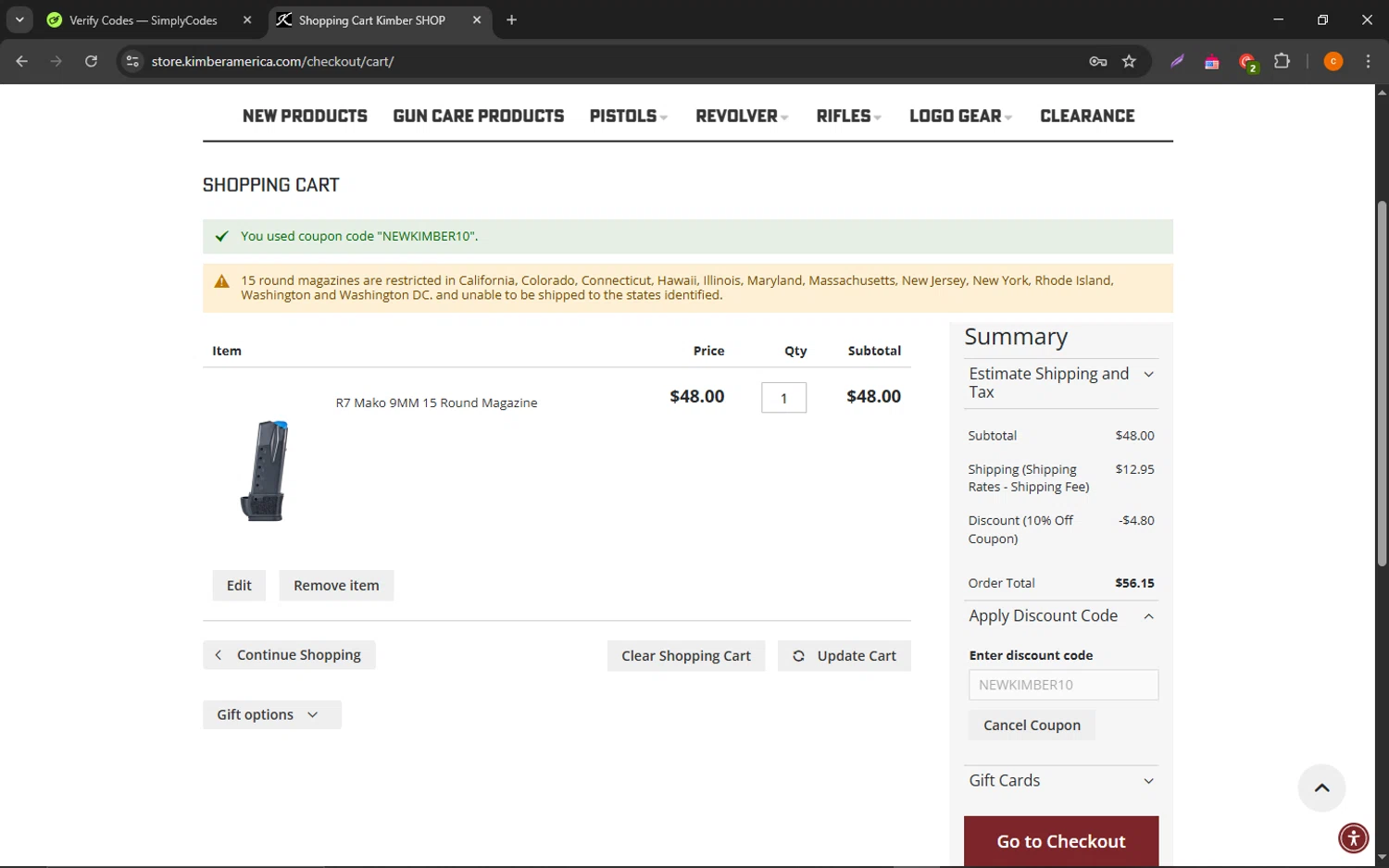 Kimber America discount code screenshot showing code NEWKIMBER10 applied at Kimber America checkout page. Uploaded by SimplyCodes community member ShrewdCaptain9911 on Apr 26, 2025