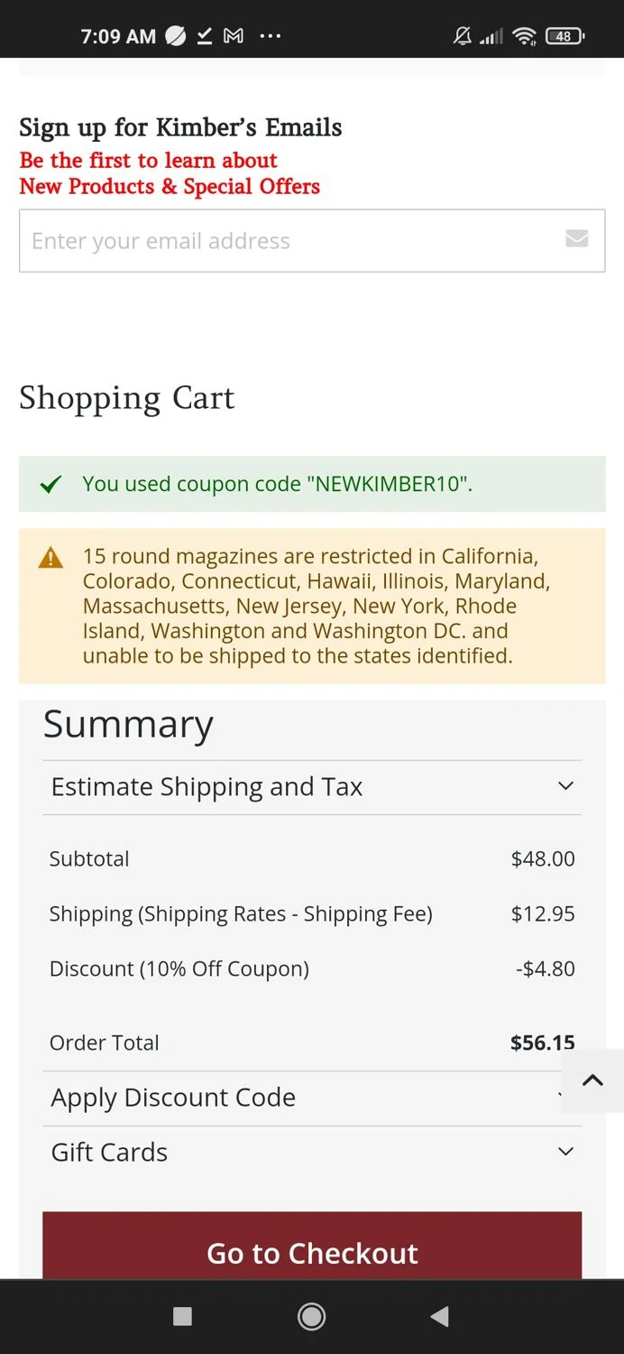 Kimber America checkout page showing Kimber America discount code box | Screenshot taken by SimplyCodes community member on Jan 30, 2024