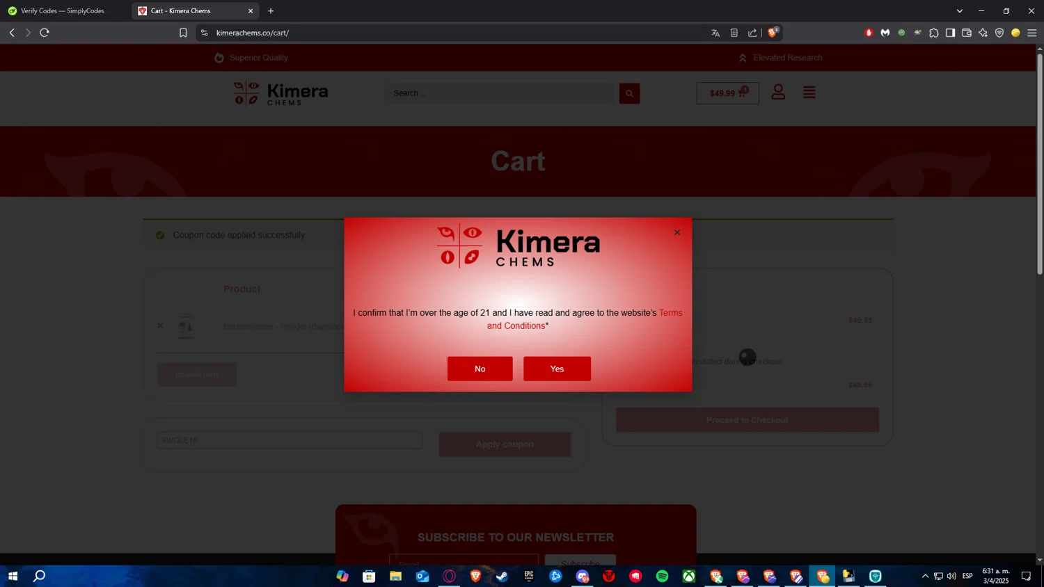 Kimera Chems discount code screenshot showing code SWOLE10 applied at Kimera Chems checkout page. Uploaded by SimplyCodes community member RickelHumilde on Apr 3, 2025