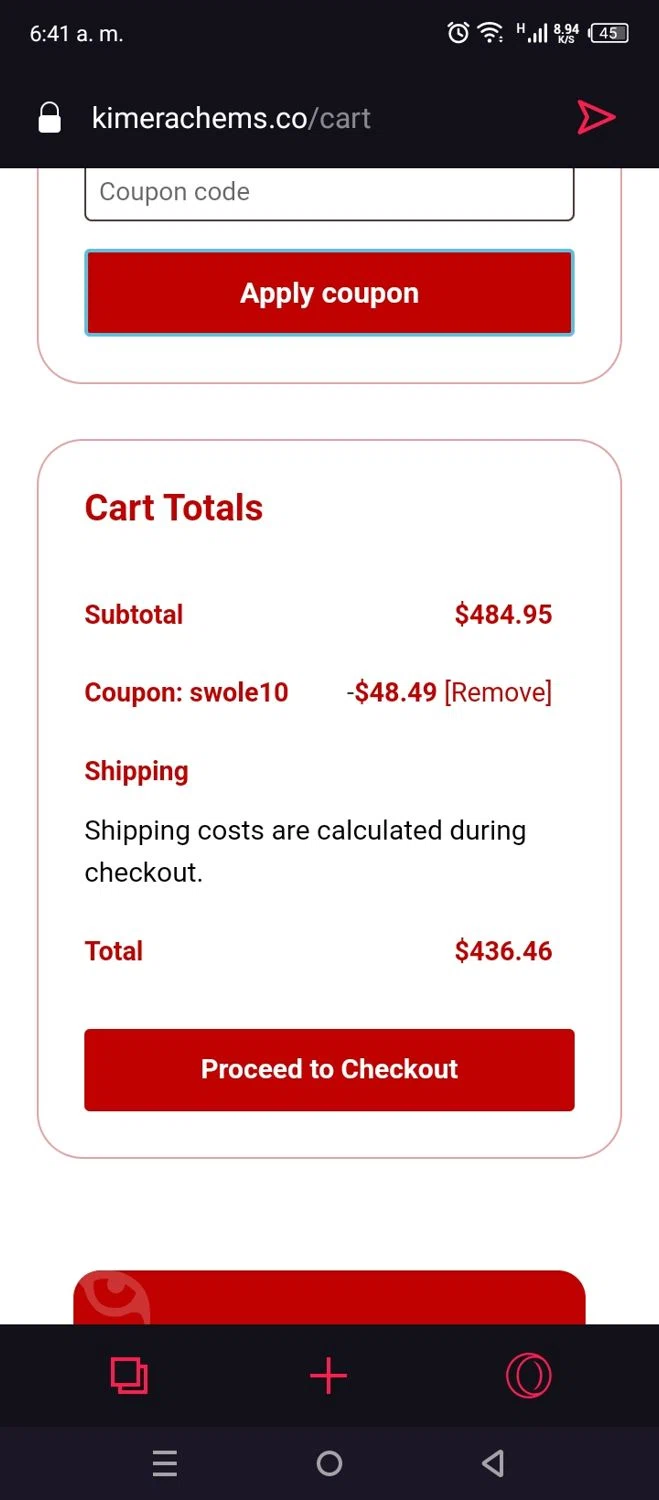 Kimera Chems discount code screenshot showing code SWOLE10 applied at Kimera Chems checkout page. Uploaded by SimplyCodes community member CoinSaver6395 on Mar 5, 2025