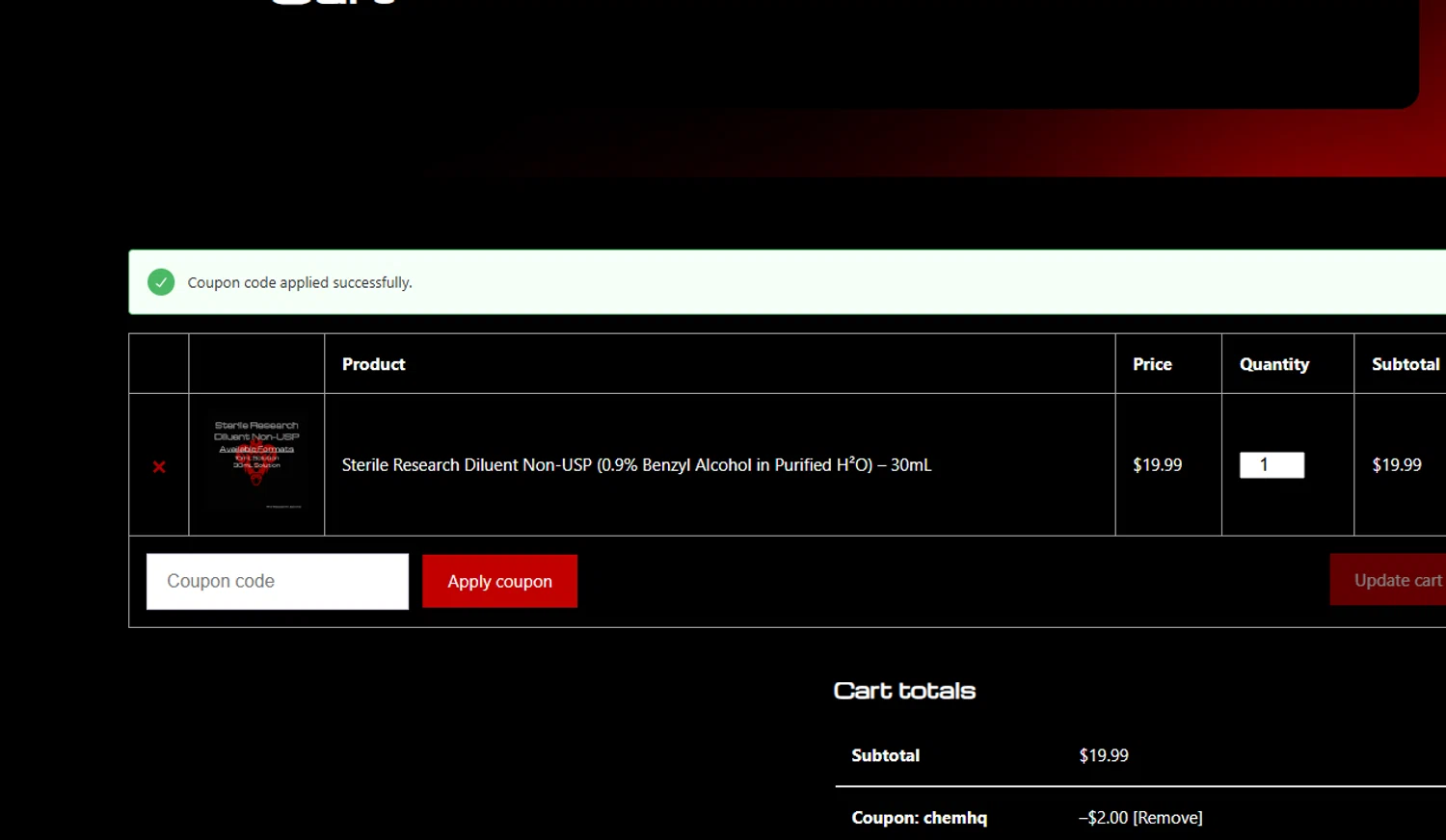 Kimera Chems discount code screenshot showing code CHEMHQ applied at Kimera Chems checkout page. Uploaded by SimplyCodes community member CoinHunter3841 on Jan 14, 2026