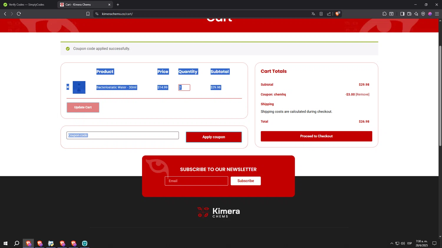 Kimera Chems discount code screenshot showing code CHEMHQ applied at Kimera Chems checkout page. Uploaded by SimplyCodes community member kkkkkkkkkkkkkkkkkkkk on Jun 28, 2025