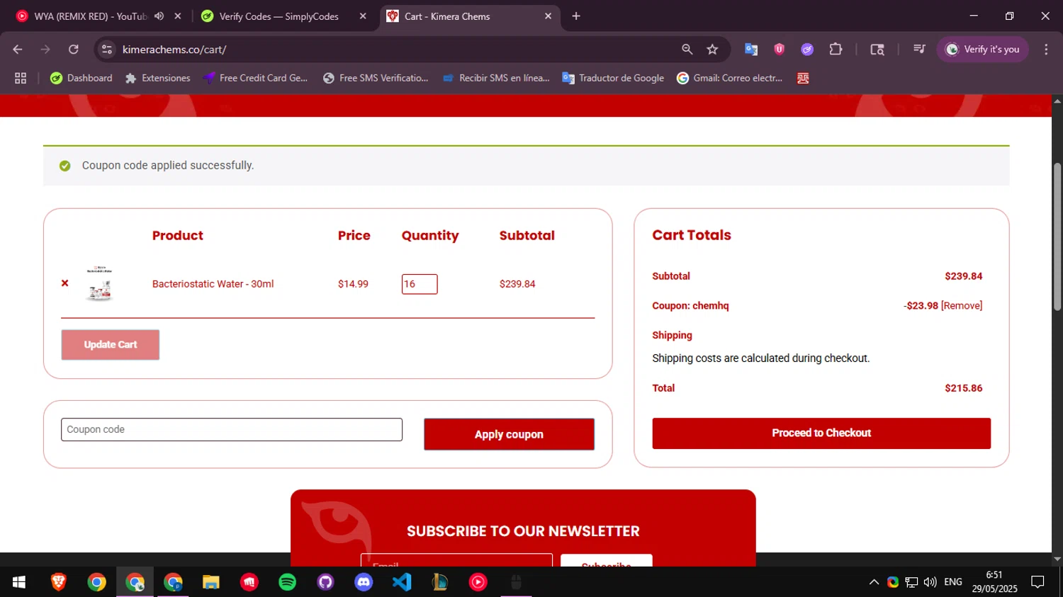Kimera Chems discount code screenshot showing code CHEMHQ applied at Kimera Chems checkout page. Uploaded by SimplyCodes community member ScanGenius949 on May 29, 2025