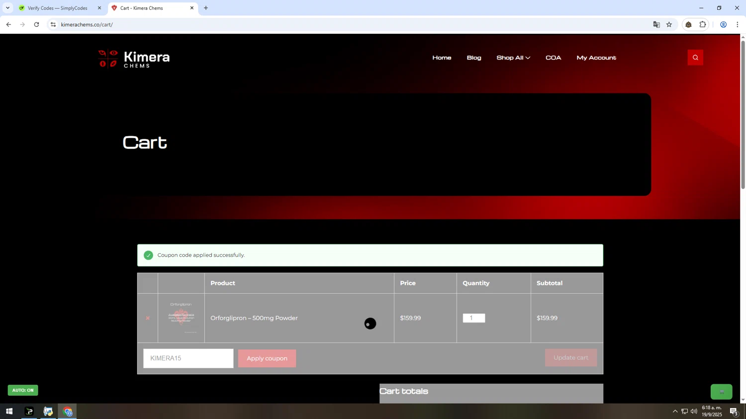 Kimera Chems discount code screenshot showing code KIMERA15 applied at Kimera Chems checkout page. Uploaded by SimplyCodes community member TOKIOBOT on Sep 19, 2025