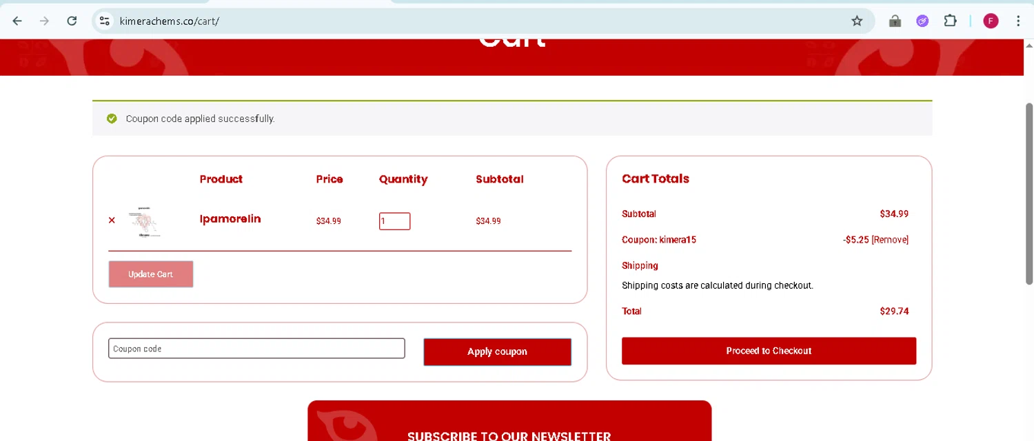 Kimera Chems discount code screenshot showing code KIMERA15 applied at Kimera Chems checkout page. Uploaded by SimplyCodes community member TokenMonarch796 on Jul 23, 2025