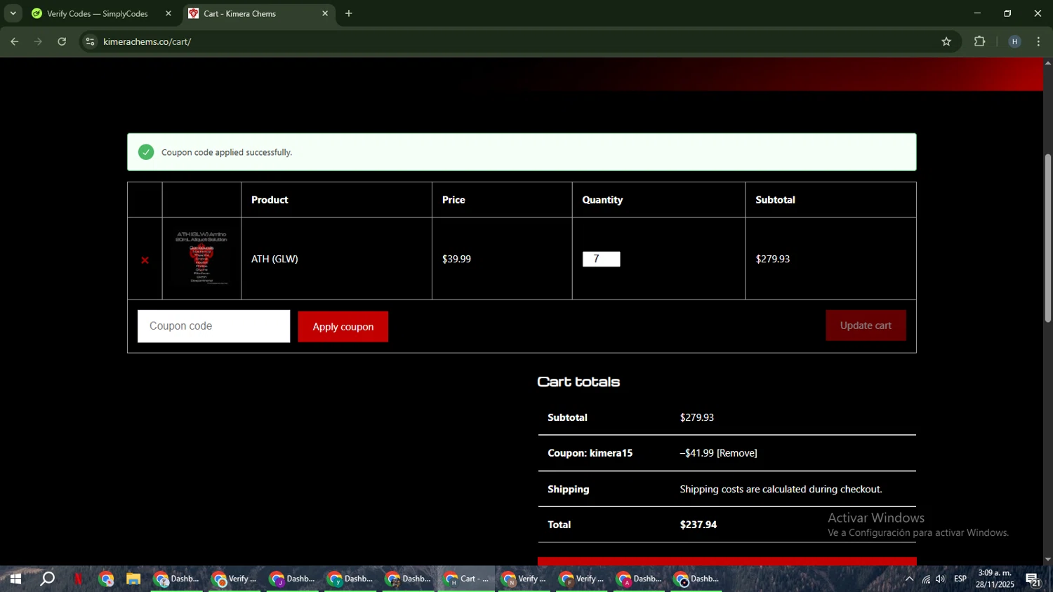 Kimera Chems discount code screenshot showing code KIMERA15 applied at Kimera Chems checkout page. Uploaded by SimplyCodes community member YAMAHA on Nov 28, 2025