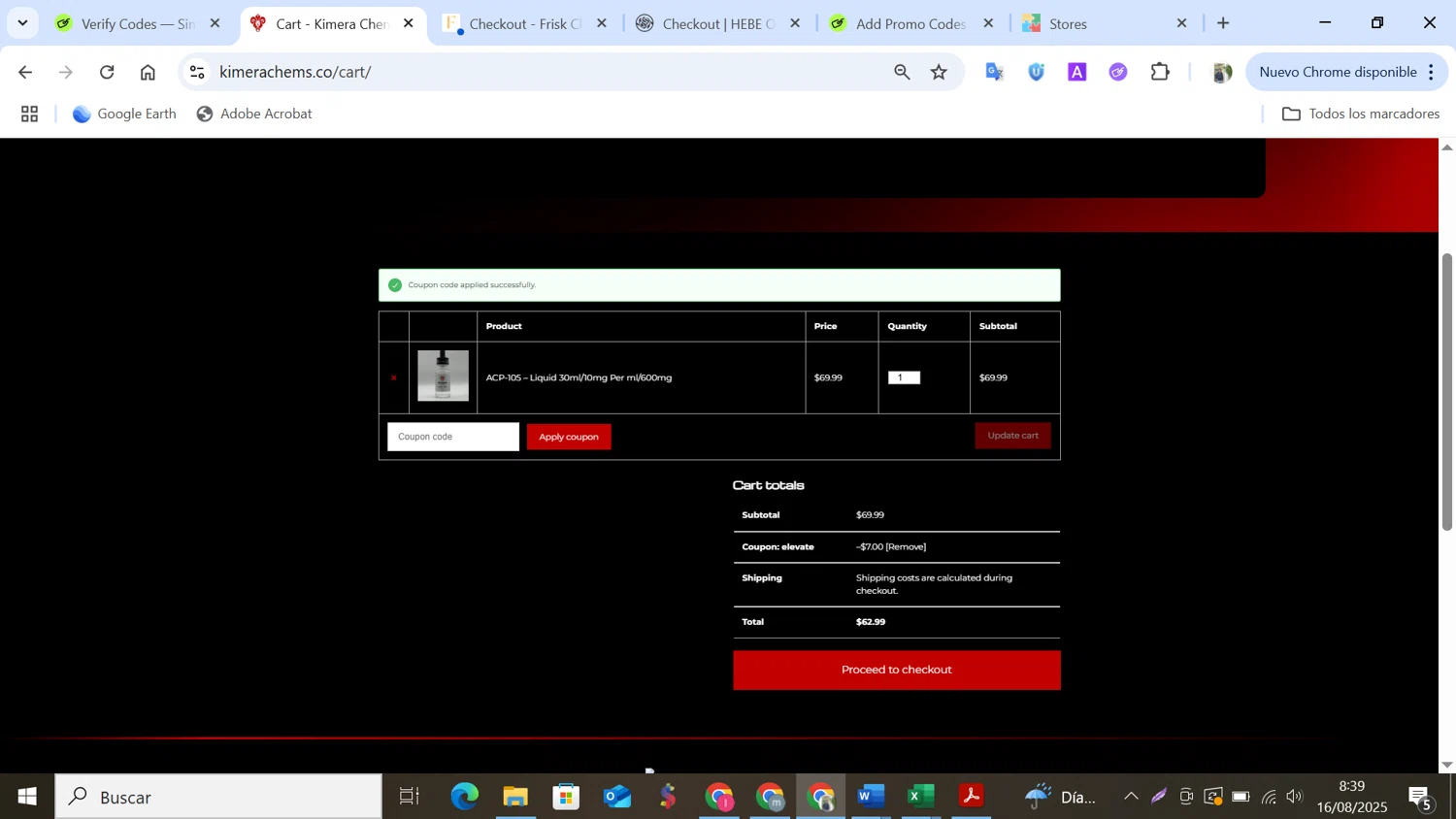 Kimera Chems discount code screenshot showing code ELEVATE applied at Kimera Chems checkout page. Uploaded by SimplyCodes community member NobleMonarch5837 on Aug 16, 2025