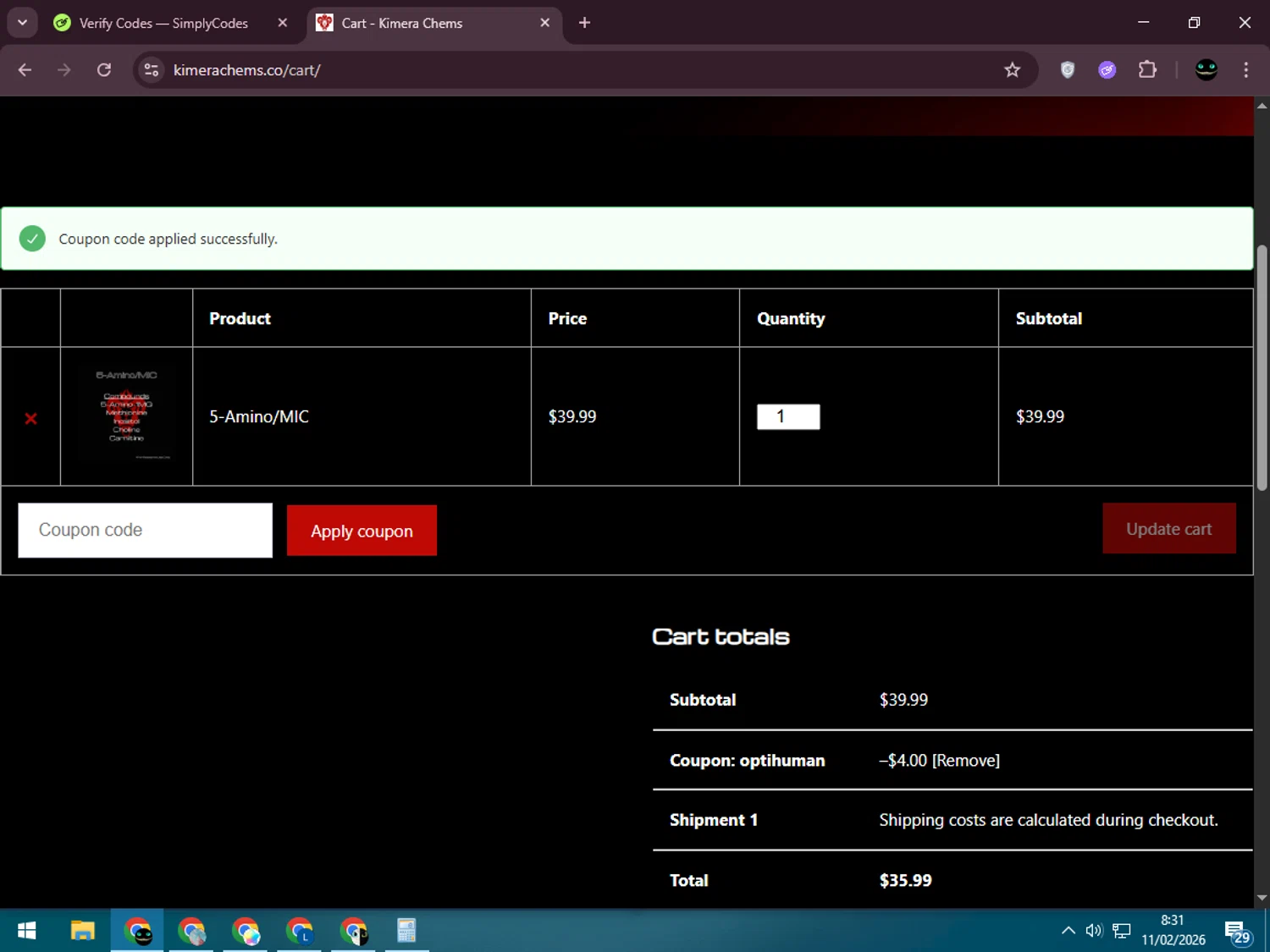 Kimera Chems checkout page showing Kimera Chems discount code box | Screenshot taken by SimplyCodes community member on Feb 11, 2026