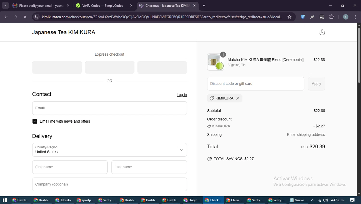 KIMIKURA promo code screenshot showing code KIMIKURA applied at KIMIKURA checkout page. Uploaded by SimplyCodes community member MoneyTiger5162 on Jun 1, 2025