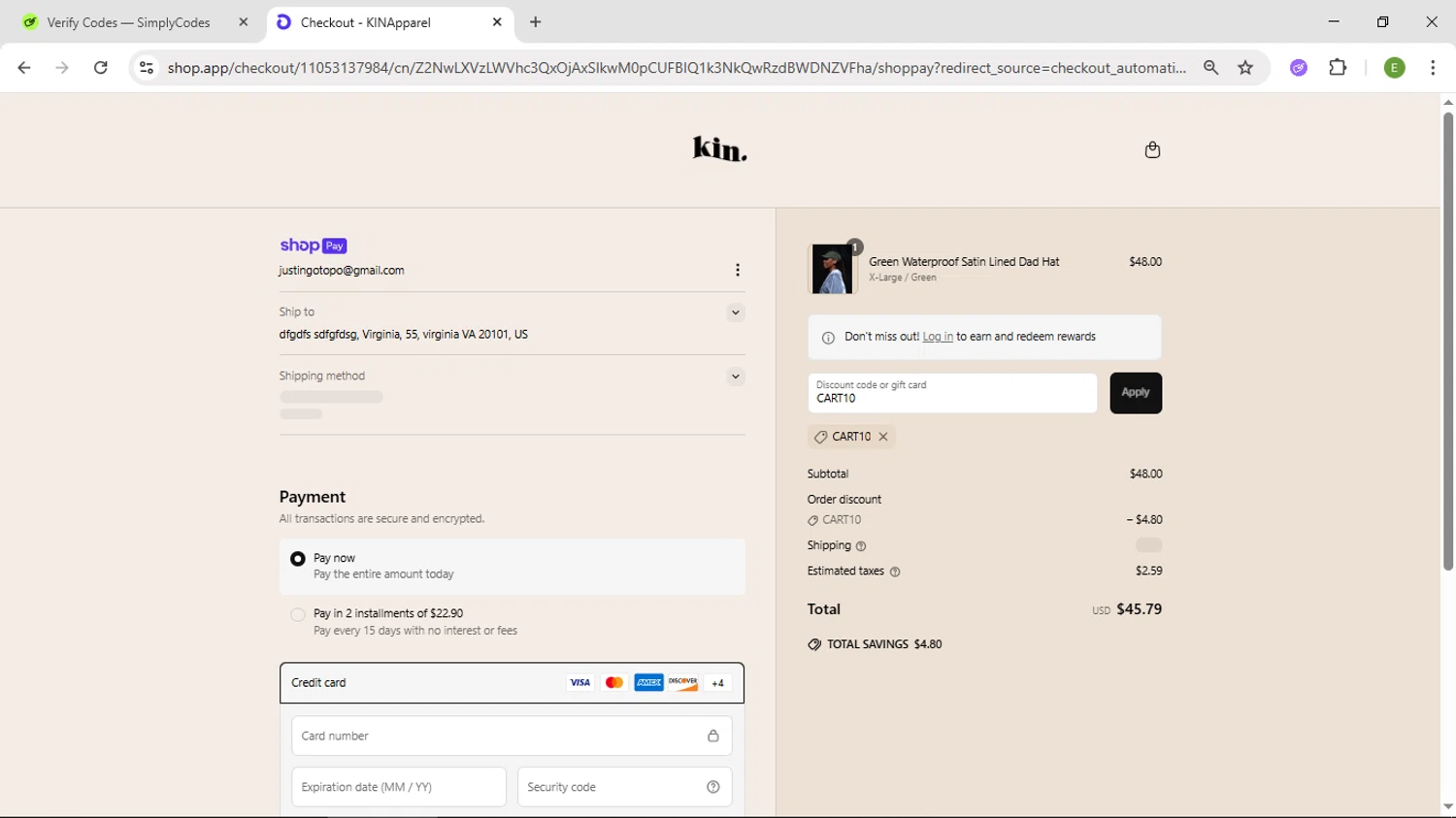 KIN Apparel discount code screenshot showing code CART10 applied at KIN Apparel checkout page. Uploaded by SimplyCodes community member SUZUKIV on Jun 17, 2025