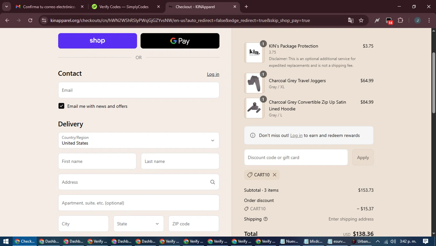 KIN Apparel discount code screenshot showing code CART10 applied at KIN Apparel checkout page. Uploaded by SimplyCodes community member ScanLynx8928 on Sep 2, 2025