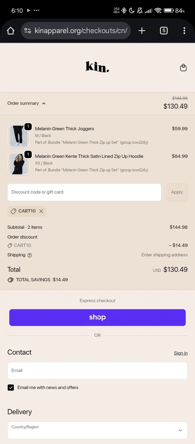 KIN Apparel discount code screenshot showing code CART10 applied at KIN Apparel checkout page. Uploaded by SimplyCodes community member chinito on Nov 12, 2025
